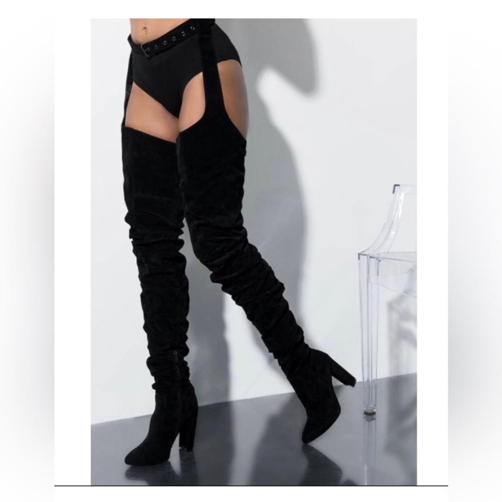 Akira Black Belted Thigh High Heel Boots